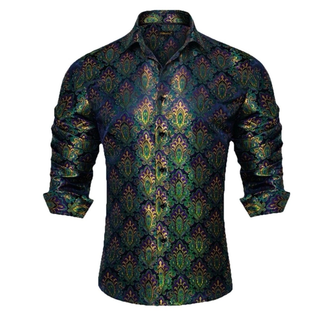 DiBanGu Blue Green Floral Silk Men's Shirt Size Medium